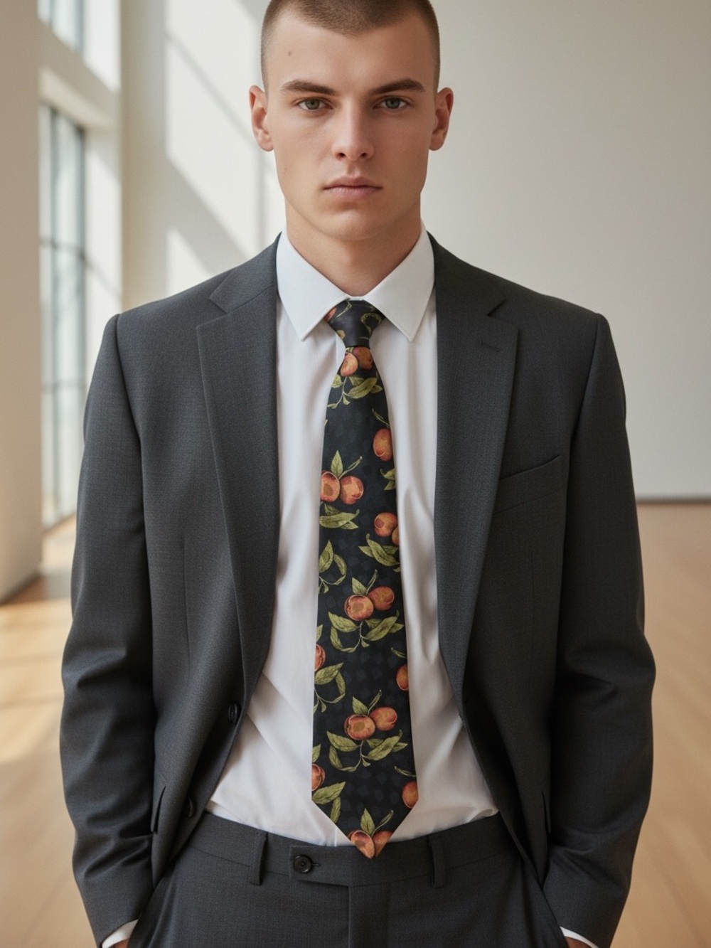 Mark Alexander Black Tie with Peaches and foliage
